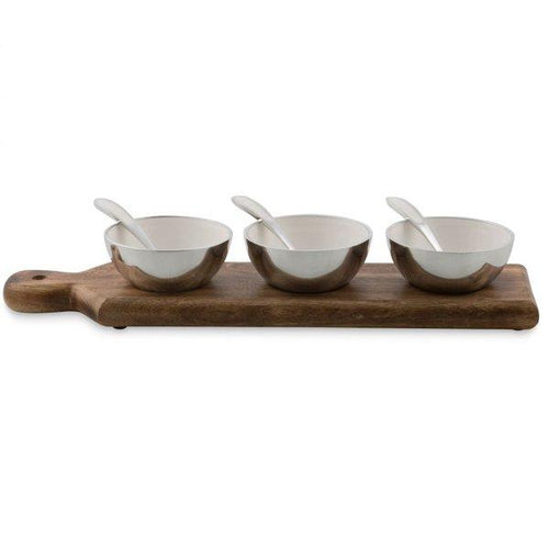 Aluminium Set of 3 Condiment Bowls on Wooden Serving Board Serveware Dianna-Lynn Decor