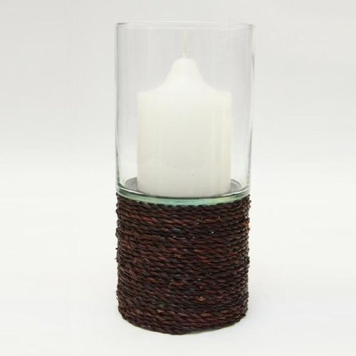 Glass Hurricane Candle Holder w Seagrass 10.5cm x 21cm Lanterns and Candle Holders Dianna-Lynn Decor