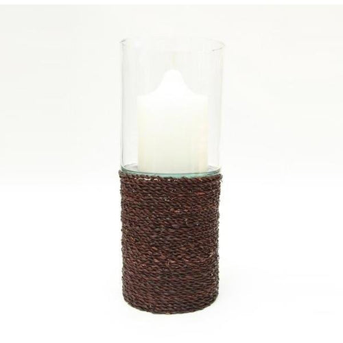 Glass Hurricane Candle Holder with Seagrass – Dark Brown (10.5cm x 25cm) Lanterns and Candle Holders Dianna-Lynn Decor