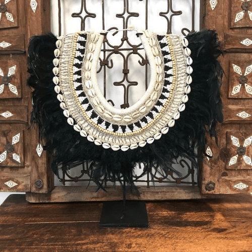 Tribal Feather and Shell Neck piece on Stand Black Accessories Dianna-Lynn Decor