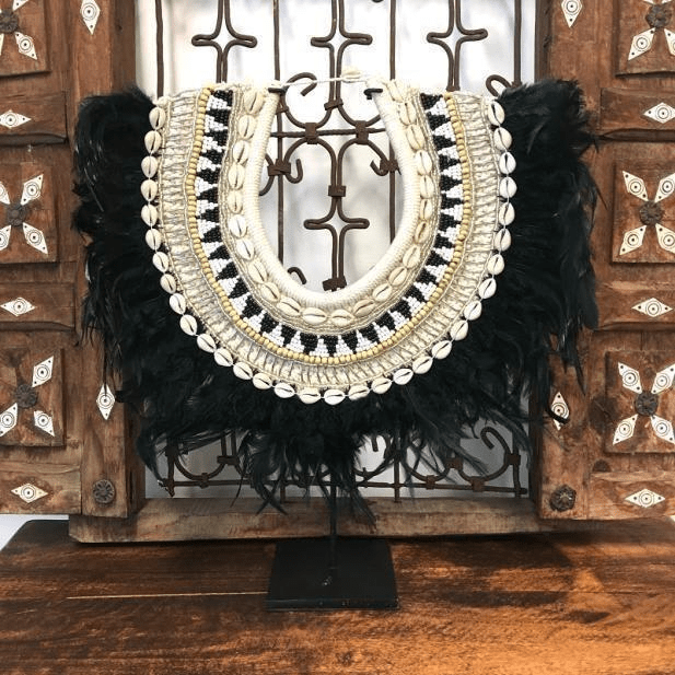 Tribal Feather and Shell Neck piece on Stand Black