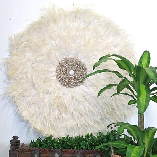 90cm XL Round White Feather and Shell Wall Art Wall Art and Mirrors Dianna-Lynn Decor
