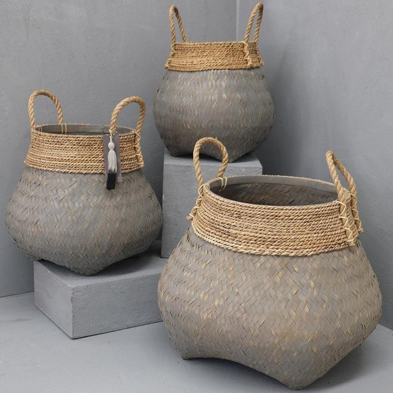 Bamboo Basket with Seagrass Trim - Grey washed