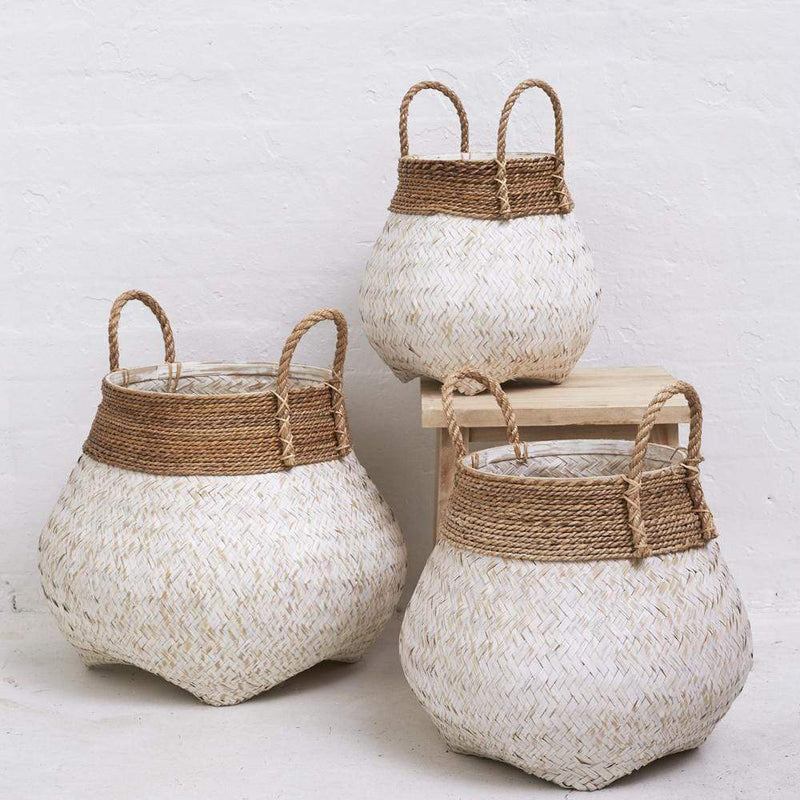 Bamboo Basket with Seagrass Trim - White Wash