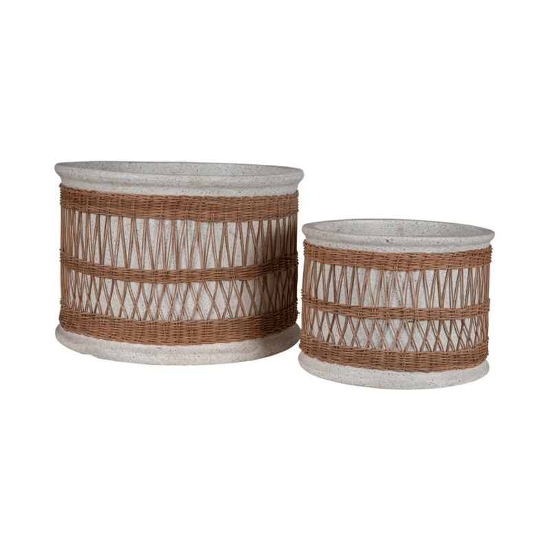 Set of 2 Vela Pots with Rattan Weave - White
