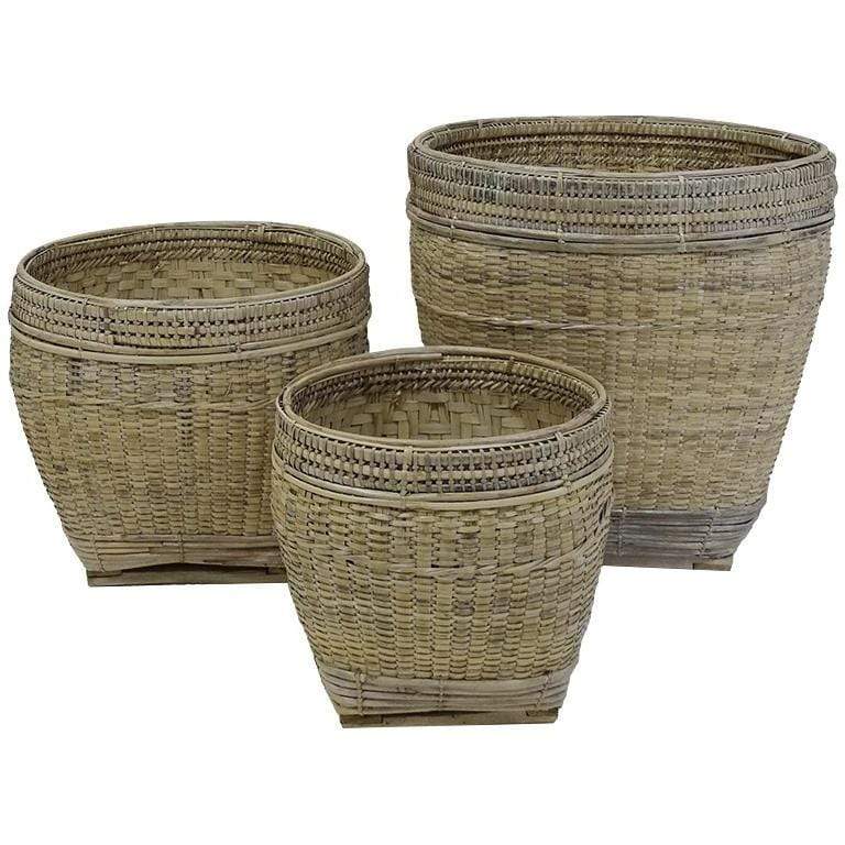 Set of 3 Rattan Planter Baskets - White wash