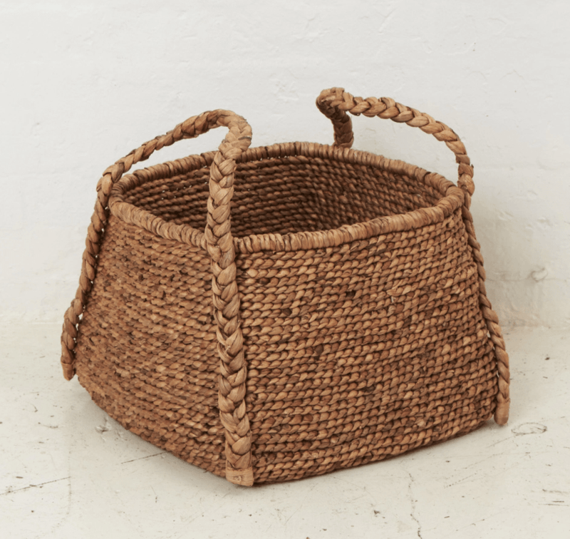Water Hyacinth Rounded Square Basket with Plaited Handles